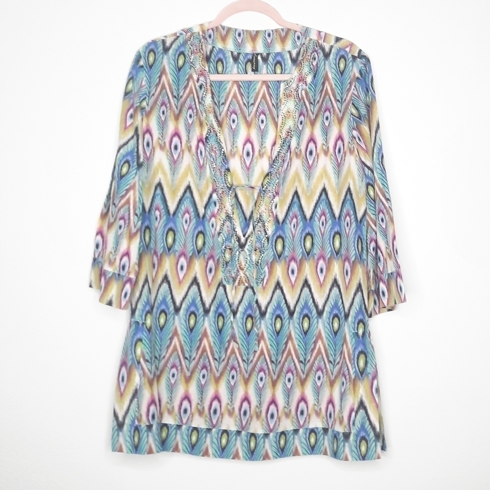 Hermanny by Vix Beaded Peacock Cotton Silk Swim Cover L